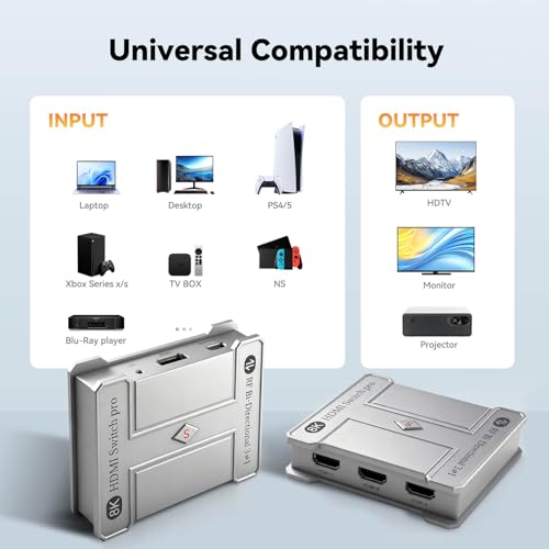 8K HDMI 2.1 Bi-Directional Switch, 3-in 1-Out & 1-in 3-Out, Support 8K@60Hz 4K@120Hz HDR+ Dolby Vision, HDMI 2.1 Splitter Compatible with PS5/4 Xbox Nintendo Switch Roku Apple TV Fire Stick