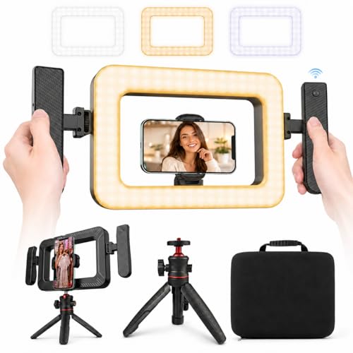 Smartphone LED Ring Light Video Rig Kit with Desktop Tripod Stand, Carrying Bag & Bluetooth Remote, Handheld Phone Stabilizer for Selfies, Makeup, Live Streaming, Vlogging