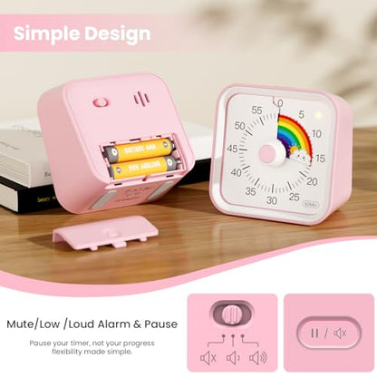Visual Timer for Kids, Rainbow Timer with Pause Function, Pink | Cute Silent Timer for Classroom, ADHD, Kitchen, Toddlers, Study, Alarm 3 Volume Levels, Light Indicator, Easy to Use - color: Rainbow Pink