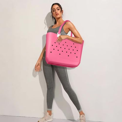 X-Large Rubber Beach Tote Bag, 18.9 "L x 9.4 "W x 13.8 "H Waterproof EVA Beach Totes with Zipper Pocket - color: Hot Pink