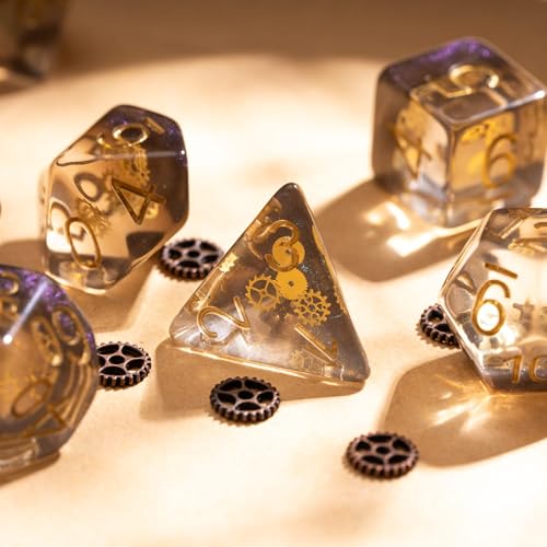 Cusdie DND Dice Set Filled with Gears Polyhedral Dice Sets for Playing DND Dice (Galaxy w/Golden Gears) - color: Galaxy W/Golden Gears