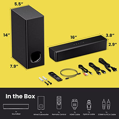 2.1 Compact Sound Bars for TV with Subwoofer, HDMI ARC/Bluetooth 5.0/Optical/AUX/RCA Connection, Remote Control, Adjustable Bass, Wall Mountable – P15, 140W, 16 inch, Black - style: P15