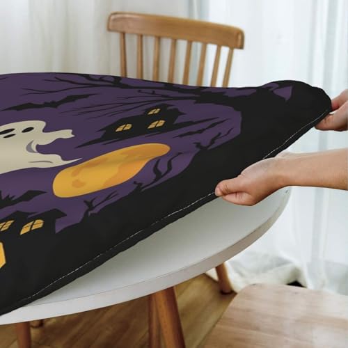 Famame Ghost Castle Purple Halloween Round Fitted Tablecloth with Elastic Protector Table Kitchen Dinner Waterproof Oil-Proof Table Covers Fits 40"-44", Small - color: Ghost Castle Purple Halloween, size: Small (40"-44")