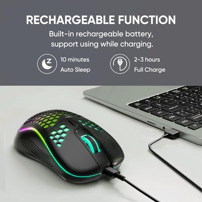 MELOGAGA Wireless Gaming Mouse RGB Rechargeable Lightweight Honeycomb Black | 7-Color LED Light, 4 DPI Levels, USB-C Recharge & Stable 2.4G Wireless for PC Mac Laptop Desktop Computers - color: Black