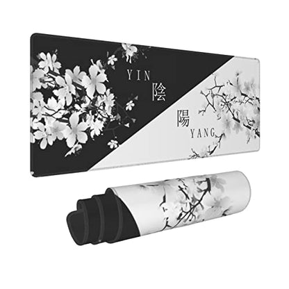Japanese Black White Cherry Blossom Gaming Mouse Pad XL Extended Large Mousepad with Nonslip Rubber Base Stitched Edges Laptop Computer Keyboard Desk Mat for Office Home Gamer - color: Japanese Black White Cherry Blossom, size: 31.5" x 11.8"