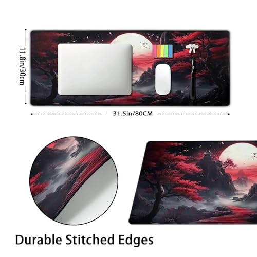 Black Red Japanese Mouse Pad XL Moon Sakura Cherry BLoosm Tree Extended Table Mat 80X30 cm Non-Slip Rubber Base Stitched Edge Large XL Mousepad for Desk Gaming Laptop Desk Top,31.5×11.8 Inch - color: Black Red Japanese-a, size: 31.5 x 11.8 inches
