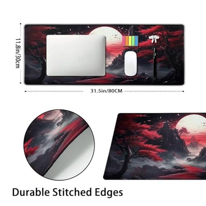 Black Red Japanese Mouse Pad XL Moon Sakura Cherry BLoosm Tree Extended Table Mat 80X30 cm Non-Slip Rubber Base Stitched Edge Large XL Mousepad for Desk Gaming Laptop Desk Top,31.5×11.8 Inch - color: Black Red Japanese-a, size: 31.5 x 11.8 inches