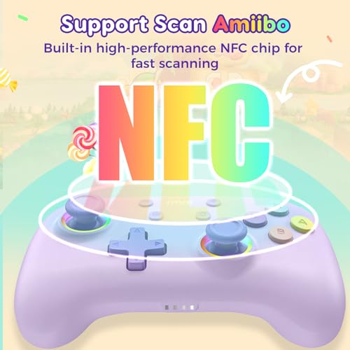 IINE Wireless Controller for Switch/PC/Android/IOS, Cute Gamepad with RGB Lights, Mini Pro Controller with Turbo/Macro/NFC Amiibo/Motion Sensor/Wake-Up/Rumble (Purple) - color: Purple