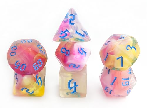Pink Blue Mixed D&D Dice Set 7pcs (Red Marble) | Polyhedral Dice Set for DND, CoC Accessories, TTRPGs, Dungeon and Dragons, Role Playing Games – D20 System Games - color: Retro Red Marble Candy & Blue