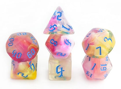 핑크 블루 혼합 D&D 주사위 세트 7피스 (레드 마블) | DND, CoC 액세서리, TTRPG, 던전 앤 드래곤, 롤 플레잉 게임 - D20 시스템 게임용 다면체 주사위 세트 - color: 레트로 레드 마블 캔디 & 블루
