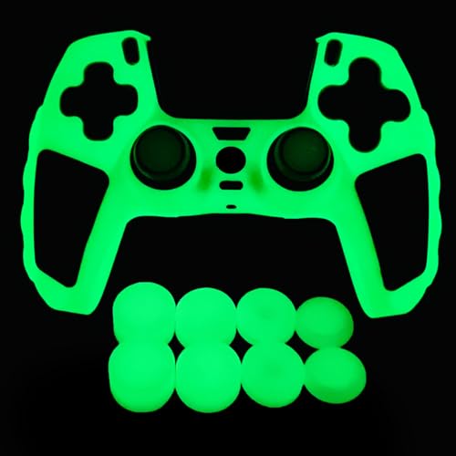 Green Glow in the Dark Silicone Protective Case for PS5 Controller, Anti-Slip Thick Soft Cover, Includes 8-in-1 Thumb Grip Caps + 2 Cat Paw Caps – Ergonomic Shockproof - color: Glow Green Black