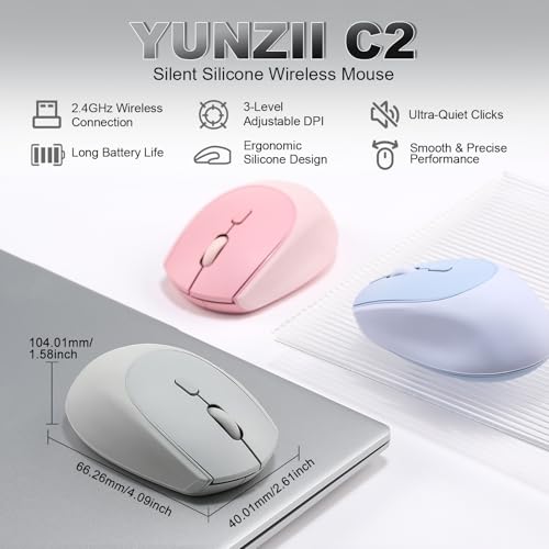 YUNZII C2 Silicone Wireless Mouse 1600 DPI Optical 2.4GHz (Gray) | 2.4GHz Connection, Noiseless Computer Mice, Quiet Clicks, 3-Level DPI, Up to 1600, Optical Tracking, for Laptop/PC/Mac - color: Gray