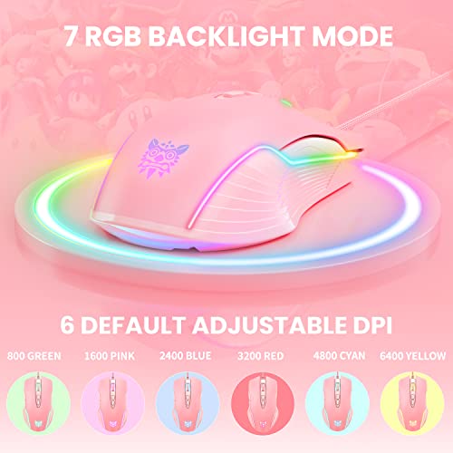 Cute RGB 6400 DPI Wired Gaming Mouse Breathing LED Optical USB 7 Buttons Gamer Computer Pink Mice for Laptop PC Desktop (Pink) - color: Pink