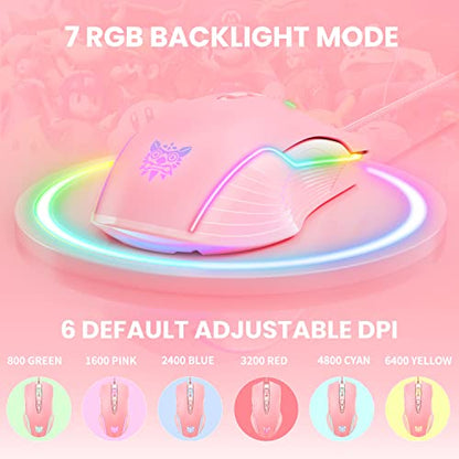 Cute RGB 6400 DPI Wired Gaming Mouse Breathing LED Optical USB 7 Buttons Gamer Computer Pink Mice for Laptop PC Desktop (Pink) - color: Pink