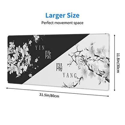 Japanese Black White Cherry Blossom Gaming Mouse Pad XL Extended Large Mousepad with Nonslip Rubber Base Stitched Edges Laptop Computer Keyboard Desk Mat for Office Home Gamer - color: Japanese Black White Cherry Blossom, size: 31.5" x 11.8"