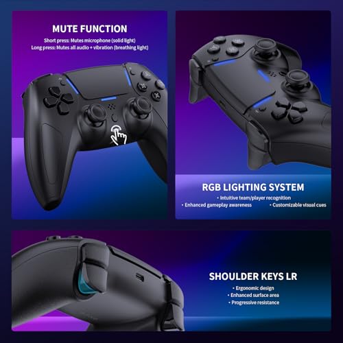 JDDWIN LED Wireless Gaming Controller for PS5/PC/Android/IOS/MAC/Steam Deck,Hall Effect Joystick, Bluetooth, 3.5mm Audio Jack, Dual Vibration, 6-Axis Motion Contro Gamepad with Speaker (Black)