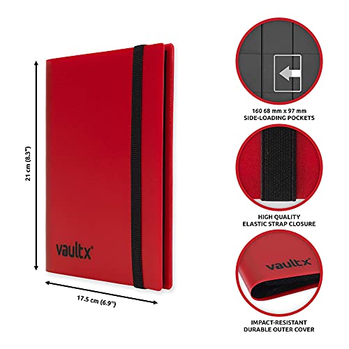 Vault X 4 Pocket Strap Trading Card Binder 160 Cards Side Loading (Red) | Holds 160 standard-size TCG cards in 20 side-loading 4-pocket pages. Padded, water-resistant cover. - color: Red