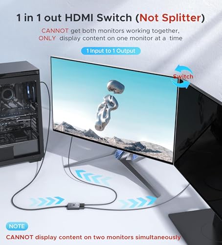 HDMI Switch 2 in 1 Out 4K@60Hz, WARRKY[with 3.3ft Fixed Braided HDMI Cable, Aluminum Case, 2K@144Hz, HDCP 2.2] Bidirectional 2x1 Switcher Splitter Compatible for PS5/4, Xbox, Roku, FireStick, Switch - color: Grey
