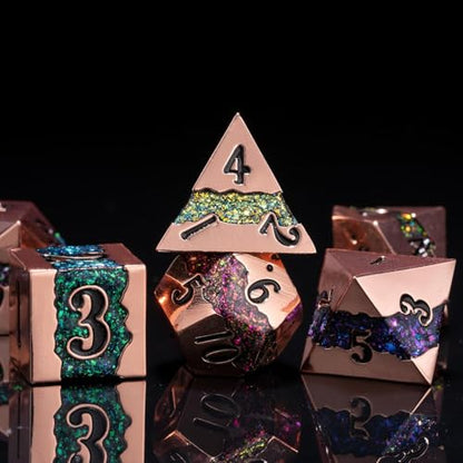 Metal Polyhedral Dice Set, 7PCS RPG Dice with Galaxy Glitter Resin Inlay for Dungeons and Dragons, Pathfinder Tabletop Role Playing Games - color: Seven Colors of Red Copper