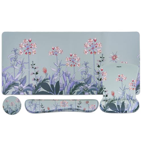MEGREZ 4-in-1 Mouse Pad with Wrist Rest Ergonomic Memory Foam Desk Mat Set | ergonomic, anti-slip base, 4pcs set, desk pad, mouse wrist rest, keyboard rest, coaster, ideal for office & gaming - color: Bluegray