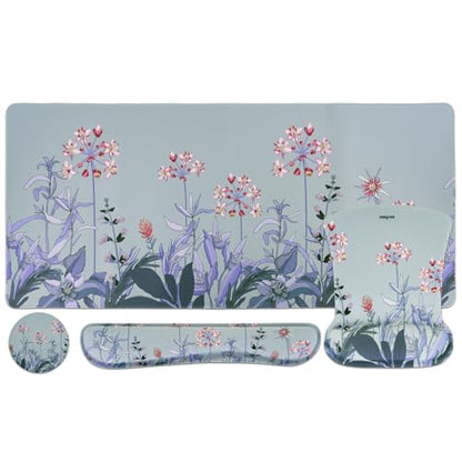 MEGREZ 4-in-1 Mouse Pad with Wrist Rest Ergonomic Memory Foam Desk Mat Set | ergonomic, anti-slip base, 4pcs set, desk pad, mouse wrist rest, keyboard rest, coaster, ideal for office & gaming - color: Bluegray