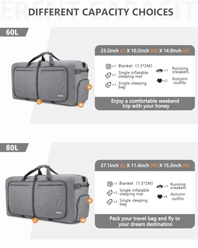 Gonex Large Foldable Travel Duffle Bag with Shoes Compartment, Packable Lightweight Water Repellent Duffel Bag for Camping Gym Weekender Bag - color: Light Grey, size: 100L