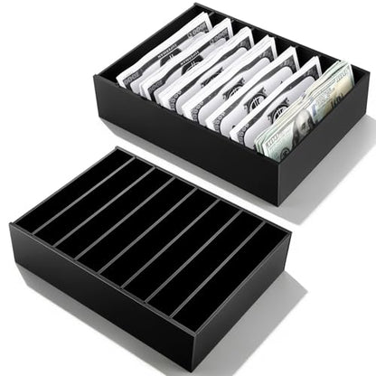 2 Pack Money Organizer for Cash Black Acrylic Money Holder with Removable Dividers, 8 Compartment Cash Drawer Tray for Bills, Mail, Cards and Office Supplies