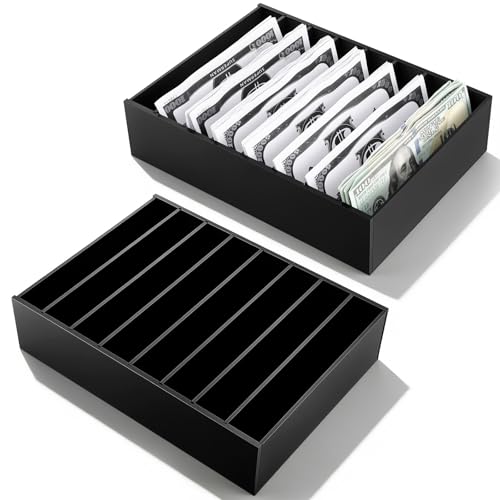 2 Pack Money Organizer for Cash Black Acrylic Money Holder with Removable Dividers, 8 Compartment Cash Drawer Tray for Bills, Mail, Cards and Office Supplies