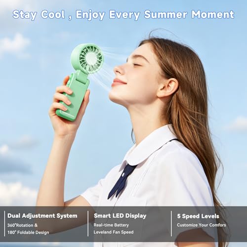 Handheld Portable Turbo Fan with Ice Cooling,5 Speed Rechargeable LED Display Foldable Hand Held Personal Clip/Neck/Waist Fan,180°& 360° Adjustable,Pocket Mini Fan for Outdoor/Home/Office (Green) - color: Green