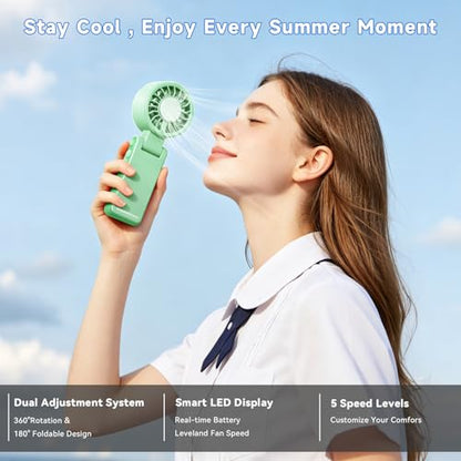 Handheld Portable Turbo Fan with Ice Cooling,5 Speed Rechargeable LED Display Foldable Hand Held Personal Clip/Neck/Waist Fan,180°& 360° Adjustable,Pocket Mini Fan for Outdoor/Home/Office (Green) - color: Green