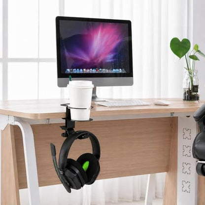 Foldable Aluminum Under Desk Headphone Hanger with Cup Holder, 2-in-1 Clamp-on Headset Stand & Drink Holder, Heavy Duty Gaming Headphone Hook for Office, Home, Gaming Desk - Black
