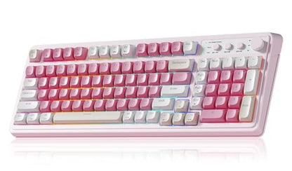 AULA 99 Key Keyboard, Wireless Pink Gaming Keyboard Creamy with Number Pad | Membrane Keyboard,RGB Backlit,Tri-Mode BT/2.4GHz/USB-C,2000mAh Rechargeable Thocky Clicky Creamy Sound Computer Keyboards - color: Pink