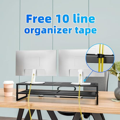 Simple Trending 2-Tier Dual Monitor Stand with Mouse Pad, Metal, Black | 32"W x 10"D x 7"H. Mesh cooling. Holds 100 lbs. Bottom tier fits keyboard & Xbox. Non-slip base. Free mouse pad.