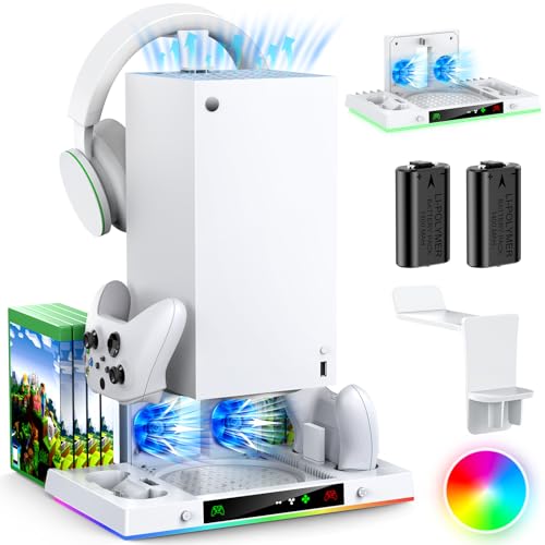 Upgrade Cooling Fan&Dual Charging Stand for Xbox Series X Console&Controller,Cooler Charger Station System for XSX with 15 RGB Light, 2x1400mAh Rechargeable Battery,Disc Accessories Storage (White) - color: White