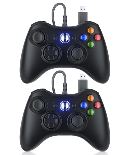 Dinosoo 2-Pack Wired Controller for Xbox 360 & PC with Upgraded Joystick, Double Shock, 2.5mm Audio Jack – 10ft Cable - color: Black