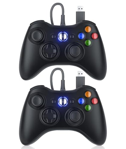 Dinosoo 2-Pack Wired Controller for Xbox 360 & PC with Upgraded Joystick, Double Shock, 2.5mm Audio Jack – 10ft Cable - color: Black