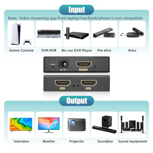 HDMI Splitter 1 in 2 Out 60Hz - HDCP Bypass 2.3, HDR, Dolby/DTS 5.1/7.1 - Compatible with Firestick 4k Max, PS3/PS5 & Elgato HD60s/x/Pro, Apple TV 4K, Retrotink, Roku Stick, NOT for Phone - size: Splitter 1x2 4K@60Hz