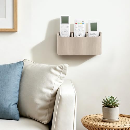 Remote Control Holder Wall Mount TV Remote Holder Caddy Organizer | PU Leather, Self Adhesive, 3 Compartments, Soft Velvet Lining, Aesthetic Stripes - color: Beige