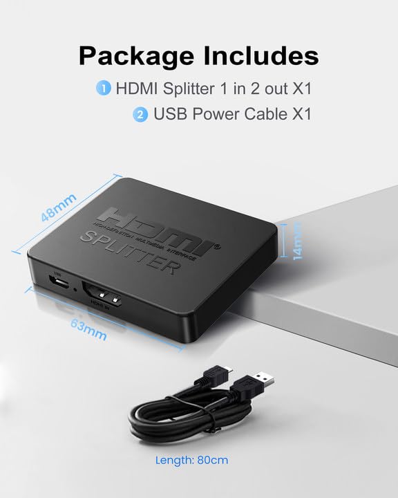 4K HDMI Splitter 1 in 2 Out Copy Same Content to 2 Screens (Mirror Only) | HDMI Splitter 1x2 Not Extend Display, Audio & Video Synchronization, Works with Laptop,TV,Monitor(Hdmi Cable Not Included)