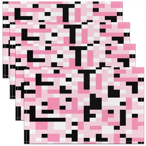 Pixelated Miners Kids Placemats Set of 4,Video Games Game Gamepad Table Place Mats,Geometric Grid Square Kitchen Decor,Black Pink White Placemat Kitchen Table Decoration 12"x18" - color: Black Pink White
