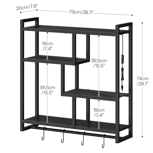HOOBRO Gaming Floating Shelves with LED Lights, 28.7" LED Wall Mounted Shelf, 4-Tier Floating Wall Shelf for Storage, Display Rack with Hanging Bar and 4 S Hooks, for Gaming Room, Black BB37DBJ01 - color: Black