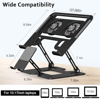Laptop Cooling Stand with Detachable Fan,2-IN-1 Laptop Stand with Phone Holder and Silent Fans,Adjustable Height and Angle,Carbon Steel Framework,Laptop Cooling Pad for up to 16”Laptop (Black)