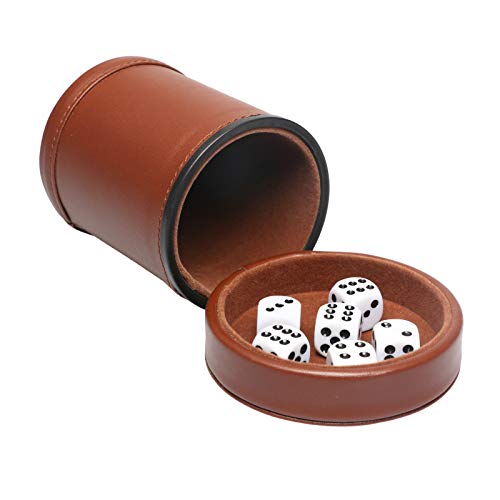 PU Leather Dice Cup Set with Lid Dark Brown Felt Lining Quiet Shaker Cup Includes 6 Dot Dice for Liars Dice Farkle Yahtzee Board Games, 1 Pack - color: Darkbrown