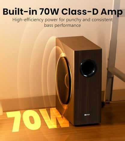 Edifier T5s Powered Active Subwoofer with 70W RMS, 8" Long-Throw Woofer, Deep Bass (35Hz) Speaker, Built-in Amp, Low Distortion, Phase Selector & Energy-Efficient for Home & Studio Audio, Brown - color: Brown