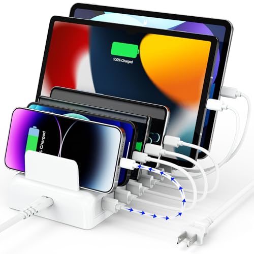 Charging Station for Multiple Devices, Honcila 50w 6 Port Fast Charger Stations for iPhone, iPad, Cell Phone, Tablet, Multi Device Charging Dock Organizer with 6 Mixed Charging Cables