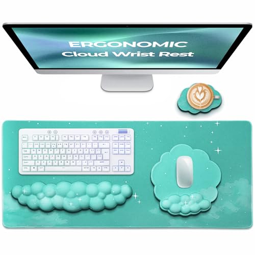 Premium Quality Cloud Wrist Rest Keyboard & Mouse Pad Set – Ergonomic Memory Foam Desk Accessories with Wrist Support & Cloud Coaster Wrist Rest for Office & Gaming- Mint - color: Mint-sky