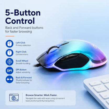 MANHATTAN RGB LED Wired USB Mouse, 12800 DPI, 5 Buttons, Braided | Transparent right-hand USB-A controller with dpi indicator LEDs, quiet wheel and browser thumb keys for PC or laptop