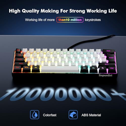 Snpurdiri 60% Wired Gaming Keyboard, 61 Keys RGB Backlit Ultra-Compact Small Gaming Keyboard, for PC/Mac Gamer, Typist, Travel, Easy to Carry on Business Trip(Black-White) - color: Black and White