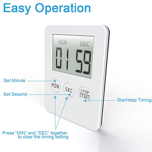 Attom Tech 2 Pack Slim Digital Kitchen Timer Magnetic Countdown for Cooking | Large Display With Loud Alarm, Count Up Stopwatch For Egg Timer Baking Classroom Gym, 99 Min, Easy To Use, White