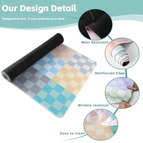 Baziabbo Checkered Desk Mat,XXL Extended Big Mouse Pad,Gaming Mousepad with Stitched Edge,Non-Slip Rubber Base Keyboard Desk Pad for Home Office Study Game - color: Checkerboard Morandi
